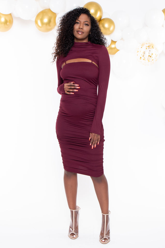 Gibiu Dresses Maternity Erin Dress And Mock Neck Top Set -Burgundy