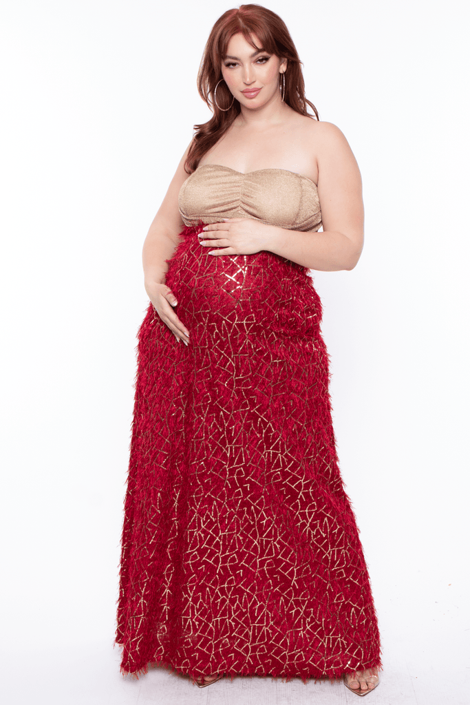 Bump Biddy Dresses 1X Maternity Plus Reign Embroidered Gold sequin and red Gown - Red/Gold