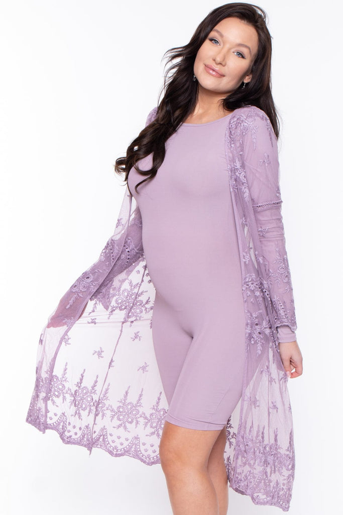 Shopirisbasic Tops Maternity Rae Embroidered Lace Long Cardigan - Lavender