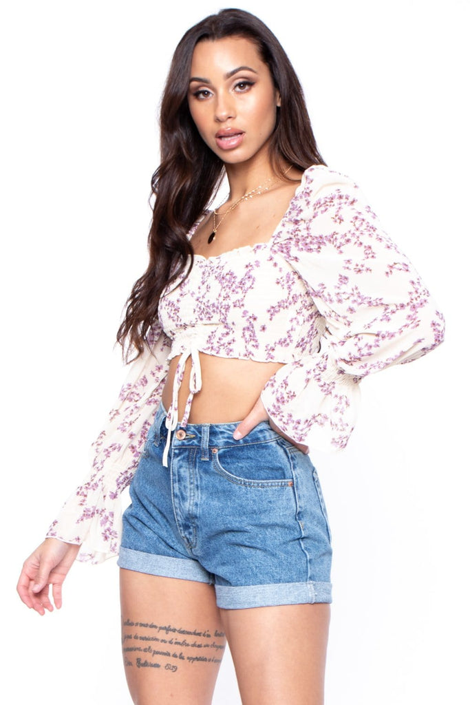 Alexa Floral Ruched Crop Top- Cream - BUMP BIDDY