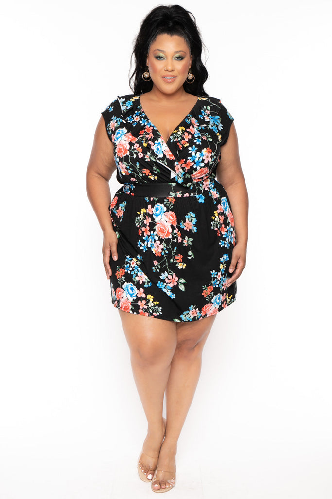 Curvy Sense Dresses 1x / Floral Black Plus Size Floral Tina Dress -  Floral Black