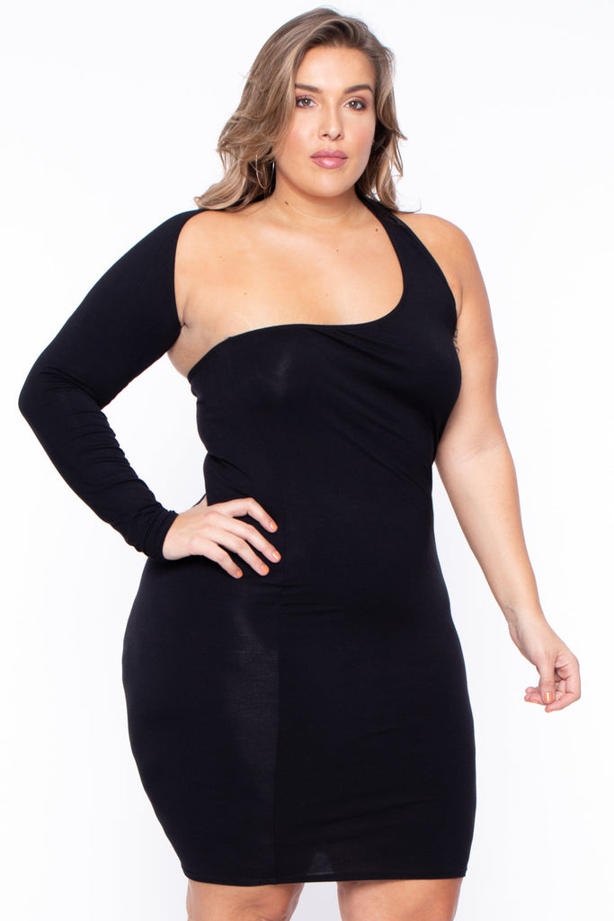 Plus Size One Sleeve Asymmetric Dress- Black - Curvy Sense