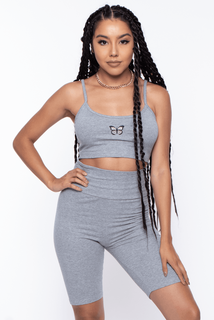 Hey Babe Sets Harper Crop and Biker Shorts Set- Heather Grey