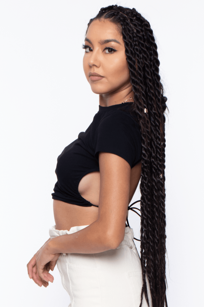 Beige Botany TOPS Jaila Open Back Tie Crop Top- Black