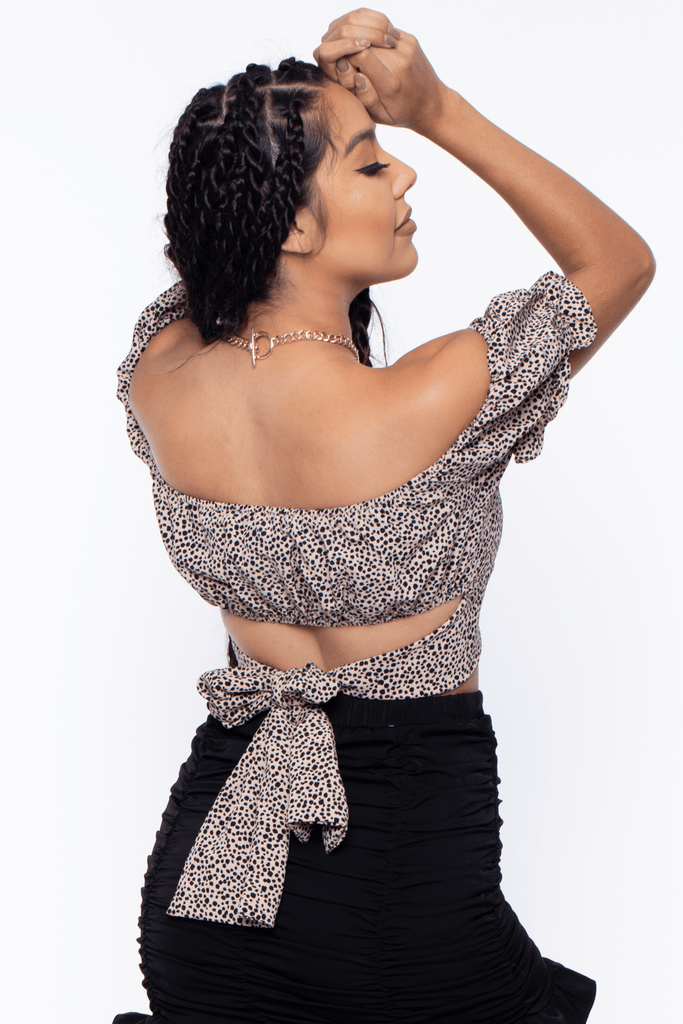 O. Vianca TOPS Jaime Printed Puff Sleeve Crop Top- Beige