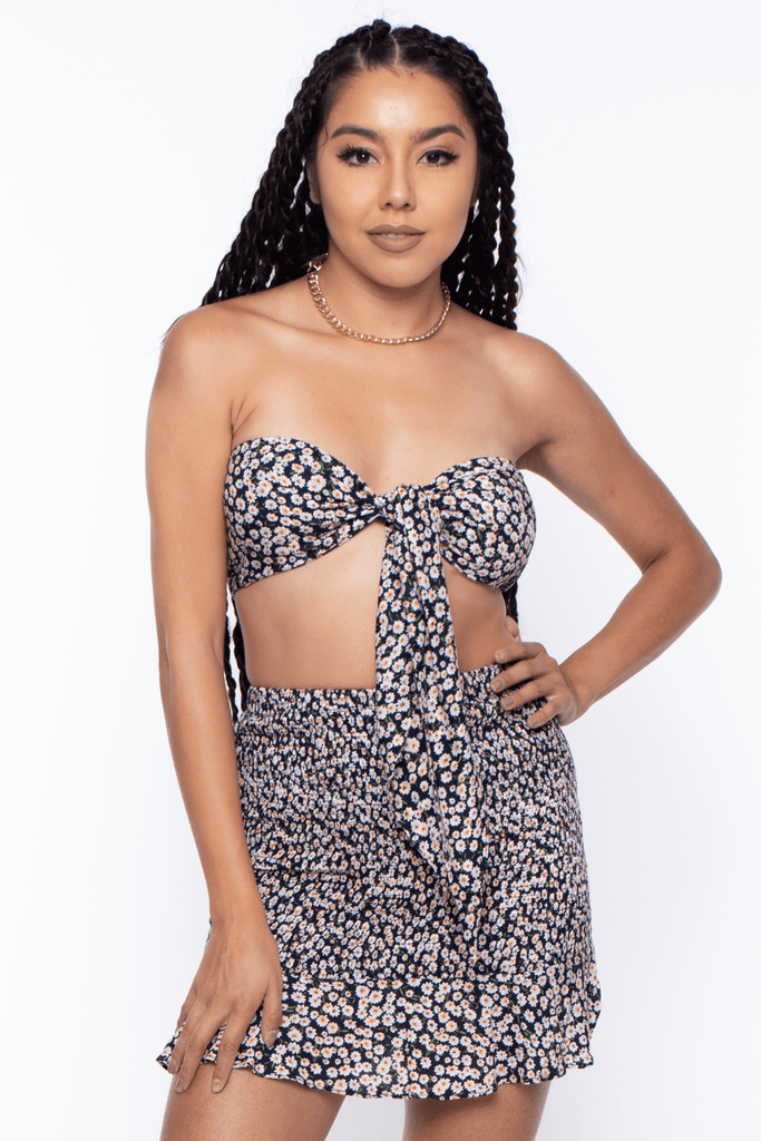 O. Vianca Sets Jasmine Floral Front Tie Tube Top and Skirt- Black Set