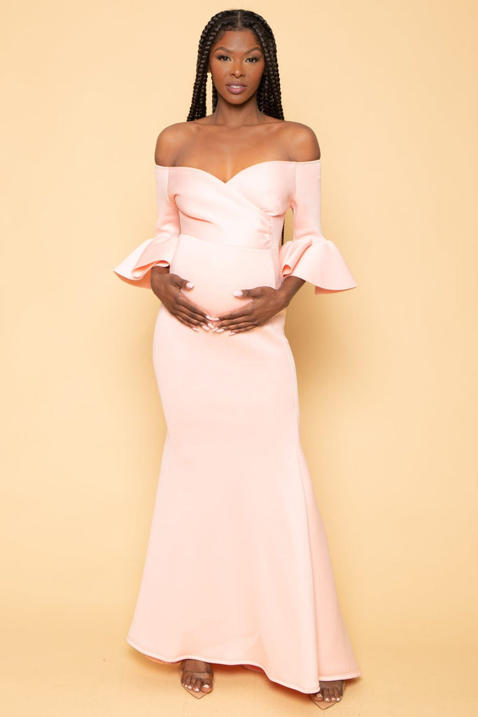 Va va Voom Dresses Maternity Alyanna Flounce Sleeve Gown - Blush