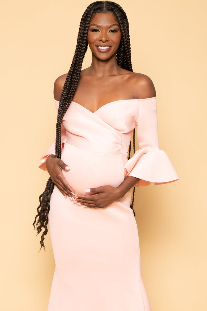 Va va Voom Dresses Maternity Alyanna Flounce Sleeve Gown - Blush