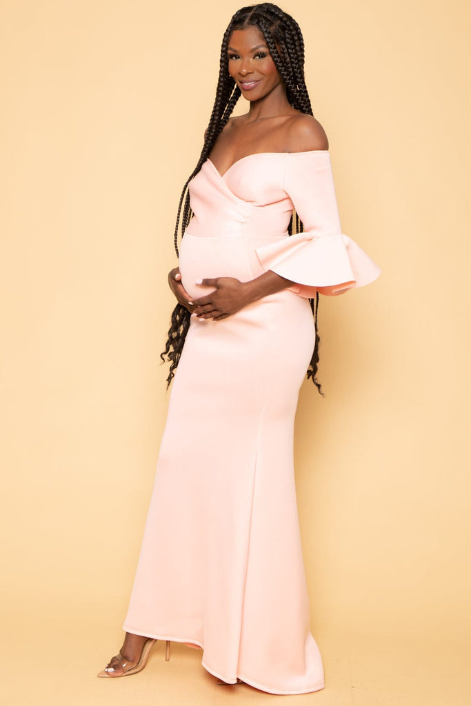 Va va Voom Dresses Maternity Alyanna Flounce Sleeve Gown - Blush