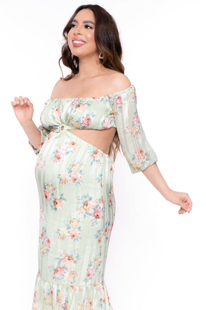 Endless Blu Dresses Maternity Blossom Off The Shoulder Maxi Dress - Sage
