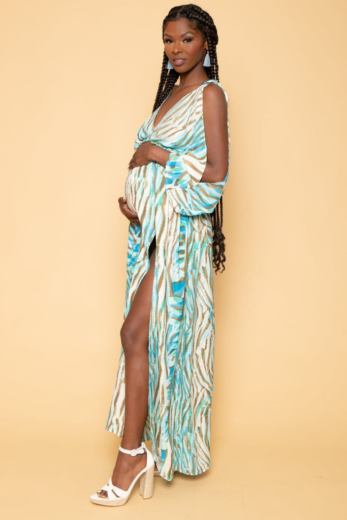 Luxxel Dresses Maternity Carmen Cold shoulder slit printed maxi dress- Teal