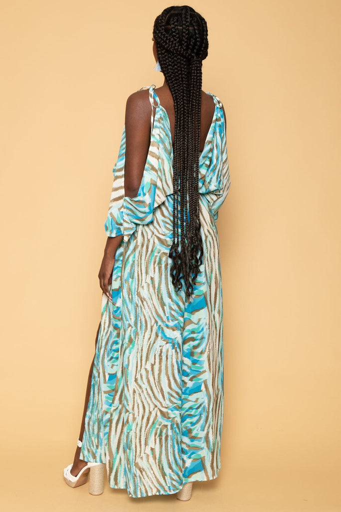 Luxxel Dresses Maternity Carmen Cold shoulder slit printed maxi dress- Teal