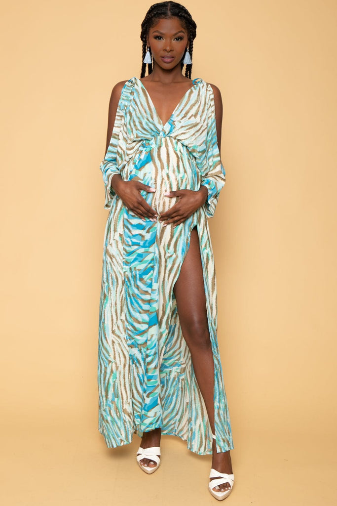 Luxxel Dresses Small / Teal Maternity Carmen Cold shoulder slit printed maxi dress- Teal