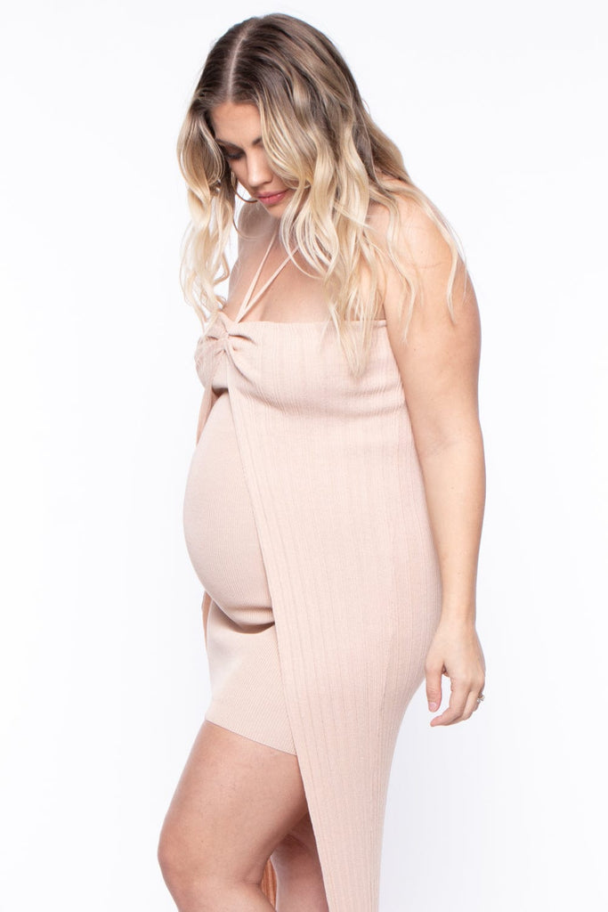 Maternity Chantal tube dress with overlay - Tan - BUMP BIDDY