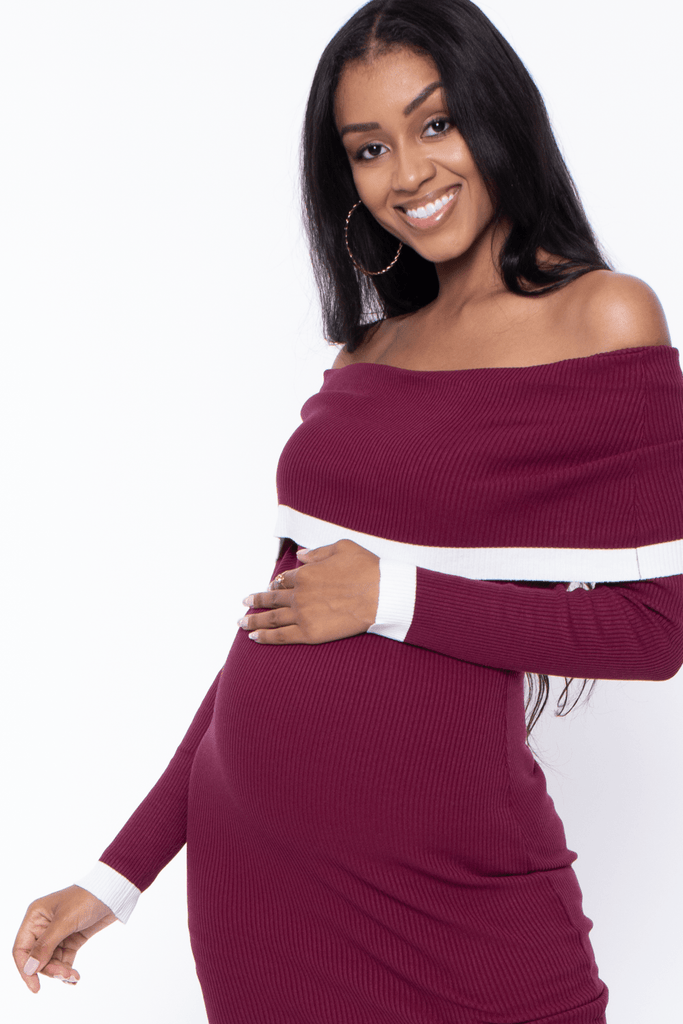 Day and Night Dresses Maternity Dasha Sweater off the Shoulder Dress - Burgundy