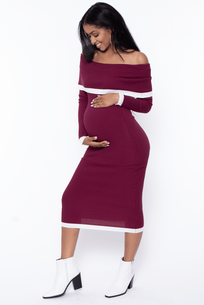 Day and Night Dresses Maternity Dasha Sweater off the Shoulder Dress - Burgundy