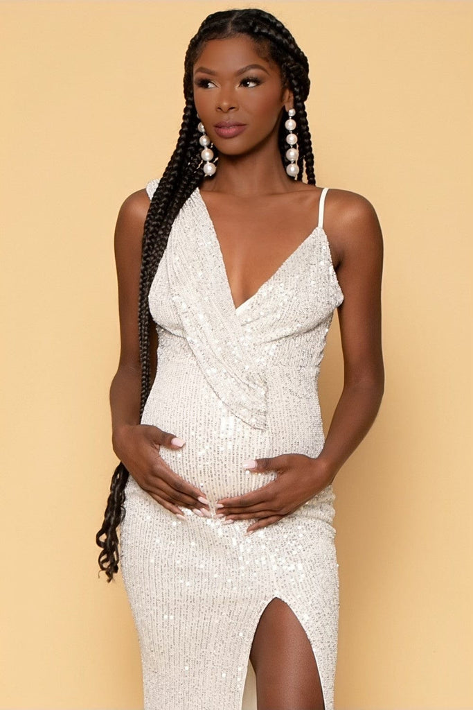 Ricarica Dresses Maternity Divine Stretch Sequins Draped Long  Gown - Cream