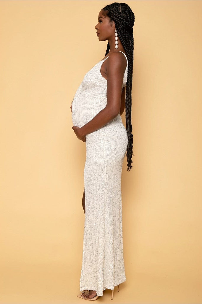 Ricarica Dresses Maternity Divine Stretch Sequins Draped Long  Gown - Cream