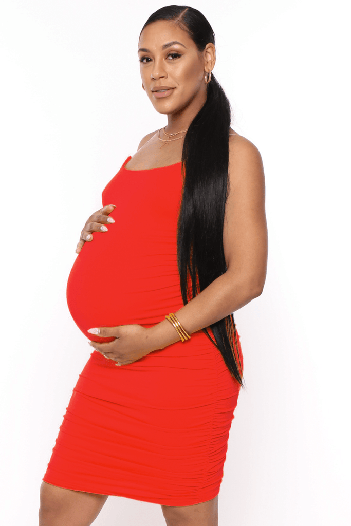 Hearts & Hips Dresses Maternity Eden Side and back Shirring Dress- Red