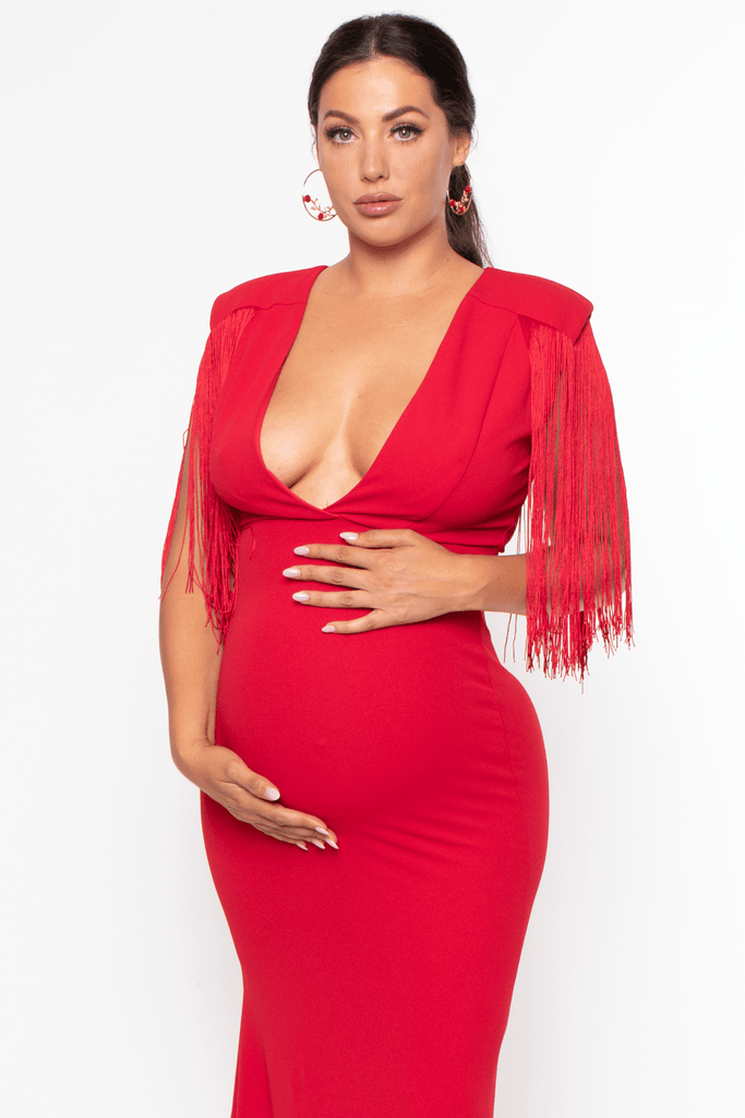 Symphony Dresses Maternity Halen fringe shoulder  Gown - Red