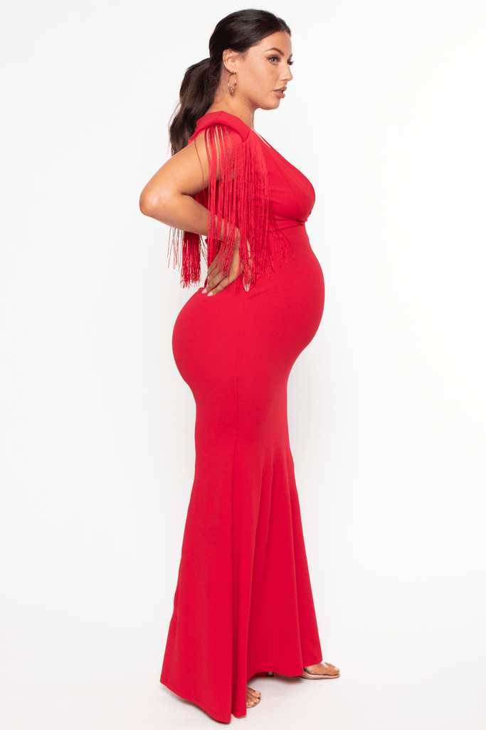 Symphony Dresses Maternity Halen fringe shoulder  Gown - Red