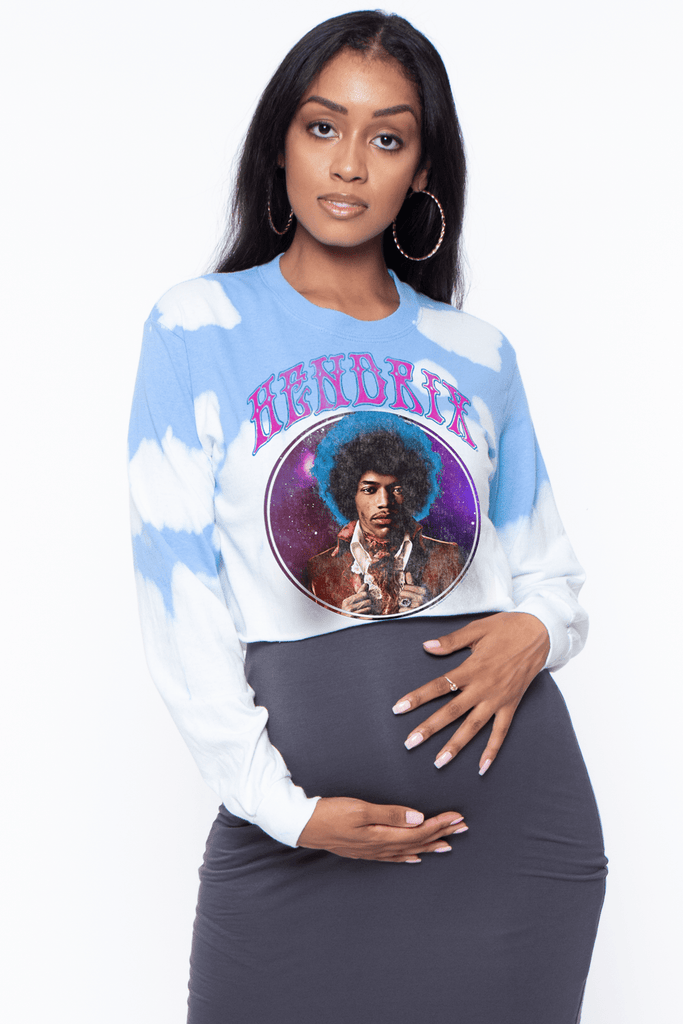 Bump Biddy Tops Small / Blue Bleach out Maternity Jimi Hendrix Cropped Long sleeve Graphic Tee- Bleached Out Blue