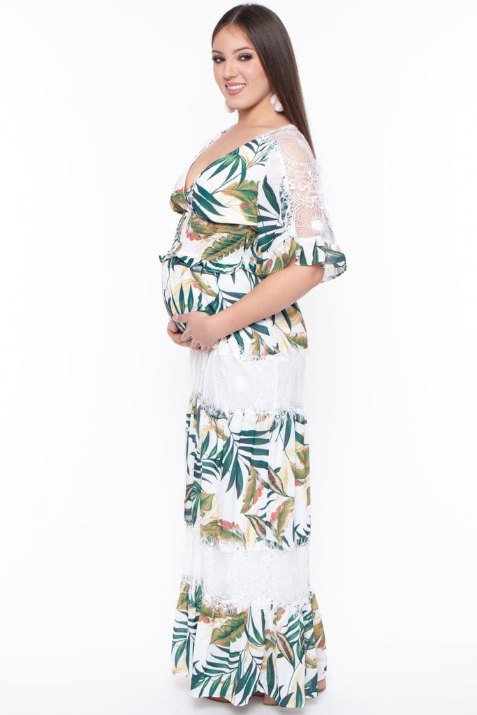 Chicways Dresses Maternity Jodie Shoulder Lace Maxi Dress - White