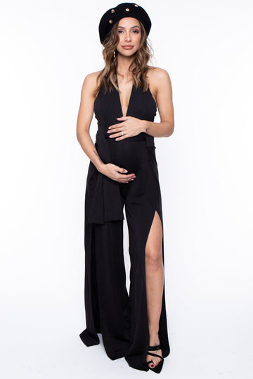 Maternity Karisa Halter Jumpsuit - Black - BUMP BIDDY