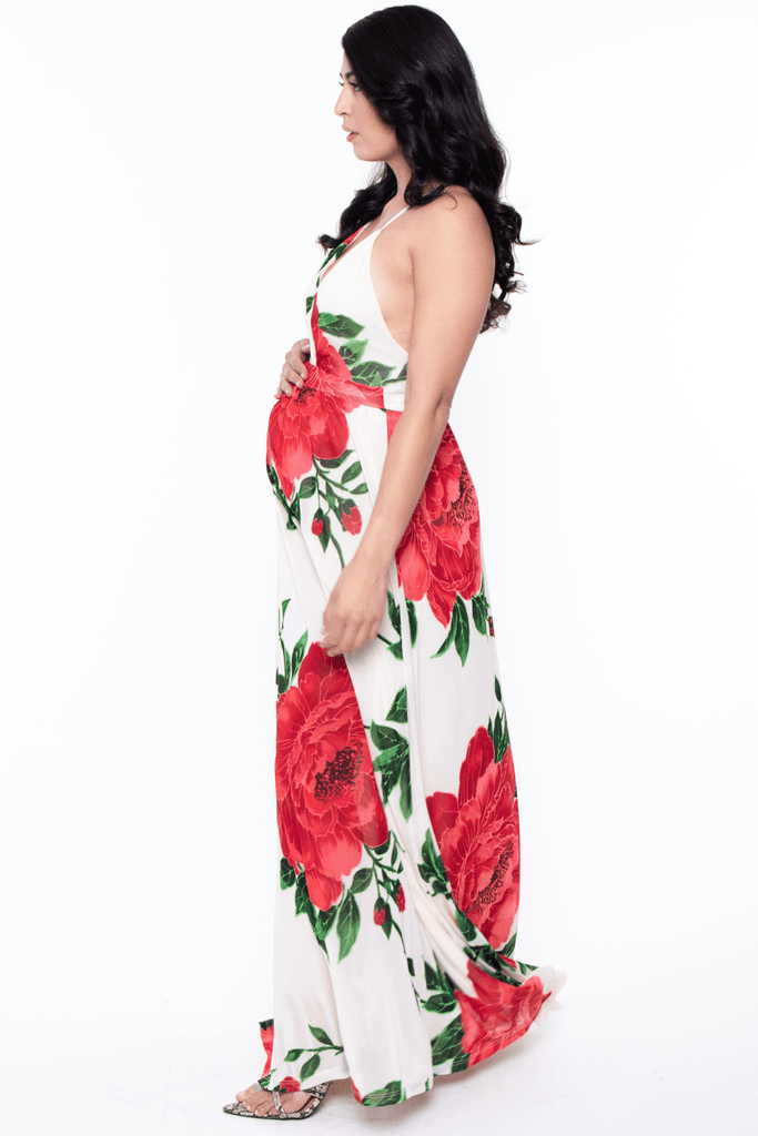 Symphony Dresses Maternity Large Rose print Maxi Dress- White/ Red