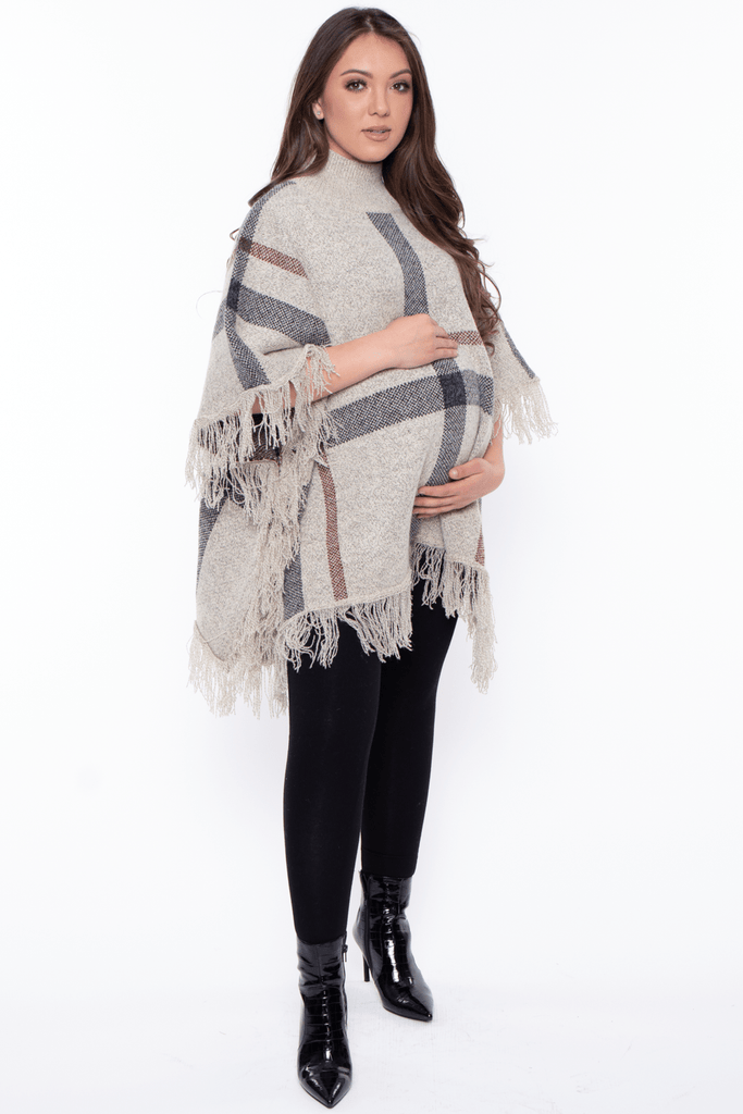 Davi And Dani Tops ONE SIZE / Oatmeal Maternity Lenna turtleneck Knit Plaid Poncho - Oatmeal