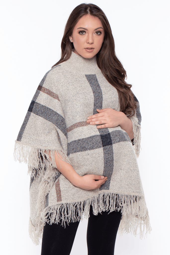 Davi And Dani Tops ONE SIZE / Oatmeal Maternity Lenna turtleneck Knit Plaid Poncho - Oatmeal