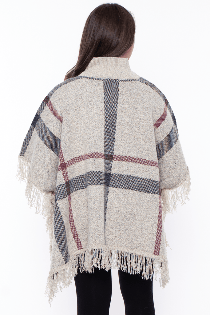 Davi And Dani Tops ONE SIZE / Oatmeal Maternity Lenna turtleneck Knit Plaid Poncho - Oatmeal
