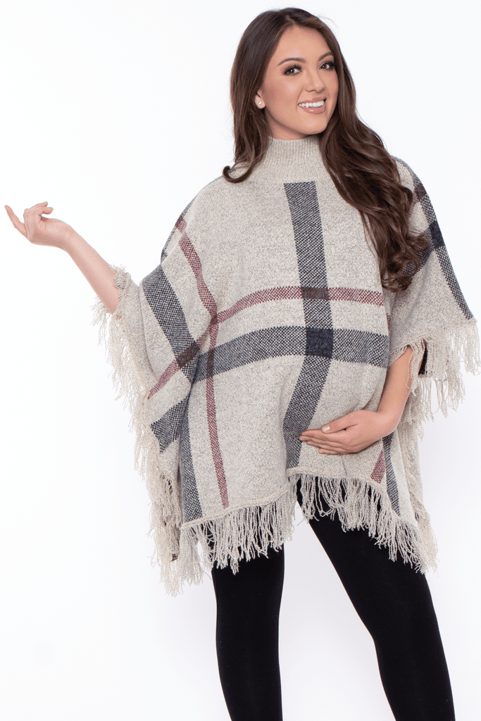 Davi And Dani Tops ONE SIZE / Oatmeal Maternity Lenna turtleneck Knit Plaid Poncho - Oatmeal
