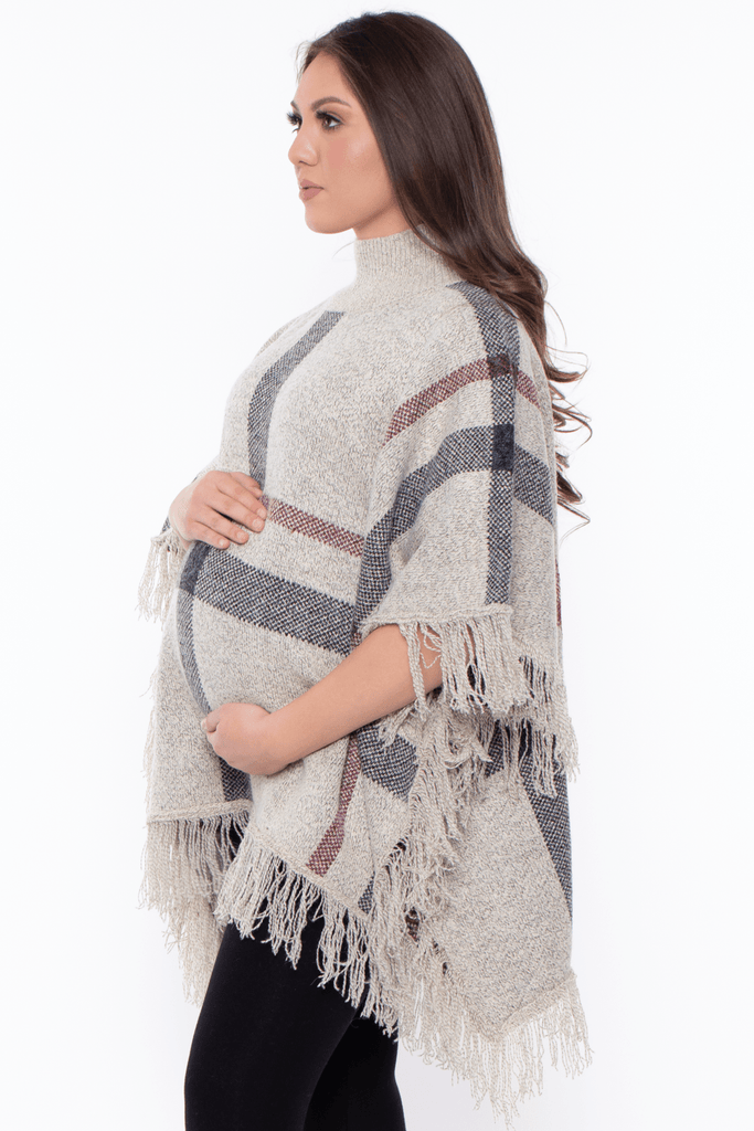 Davi And Dani Tops ONE SIZE / Oatmeal Maternity Lenna turtleneck Knit Plaid Poncho - Oatmeal