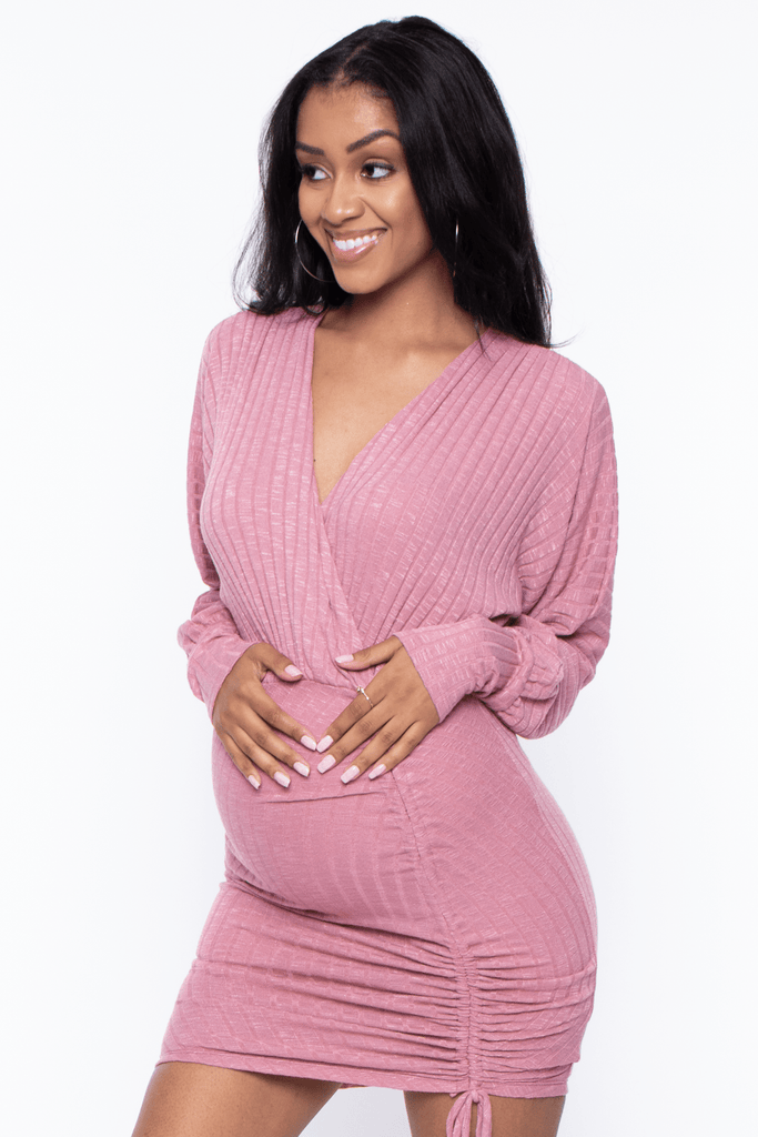 Labanga Dresses Maternity Love Rib short long sleeve Dress -Mauve