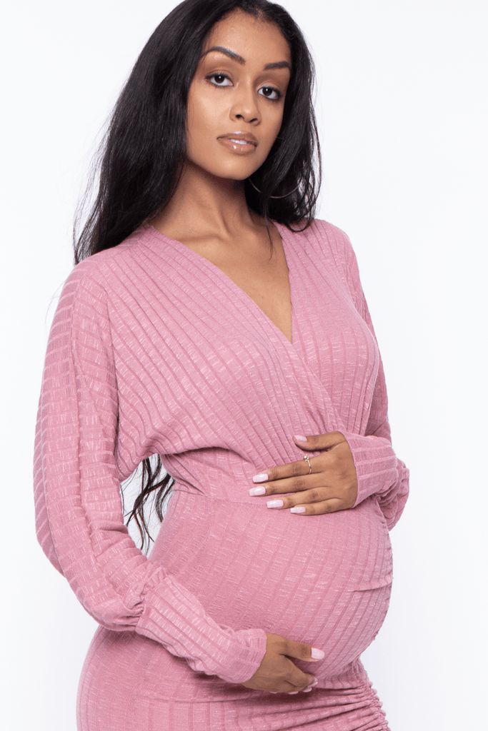 Labanga Dresses Maternity Love Rib short long sleeve Dress -Mauve
