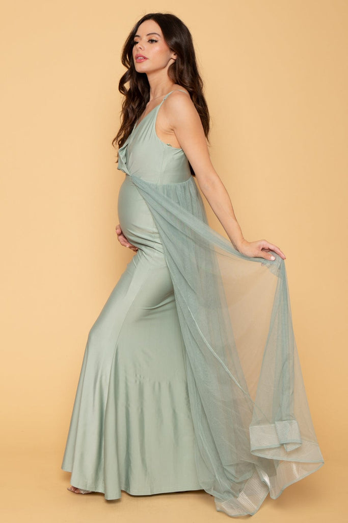 Ricarica Dresses Maternity Mercedes Stretch Satin with Tulle Dress - Sage