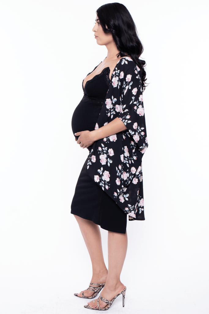 Maternity Midnight Rose Garden mid length kimono-Black - BUMP BIDDY