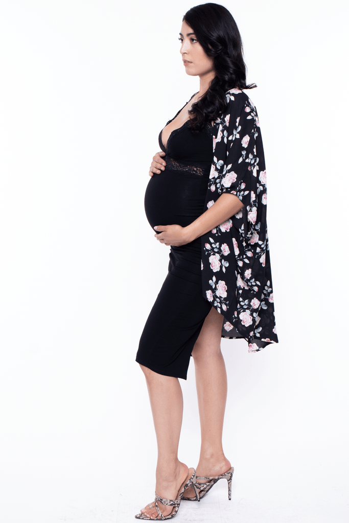 Maternity Midnight Rose Garden mid length kimono-Black - BUMP BIDDY