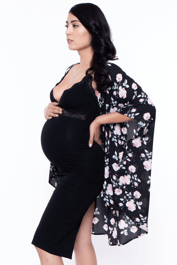 Maternity Midnight Rose Garden mid length kimono-Black - BUMP BIDDY