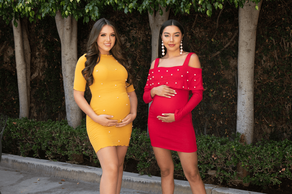 Hearts & Hips Dresses Maternity Monroe off the Shoulder Dress with Pearls - Red