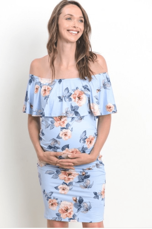 Hello Miz Dresses Maternity Nayeli Floral Fitted Dress- Skyblue