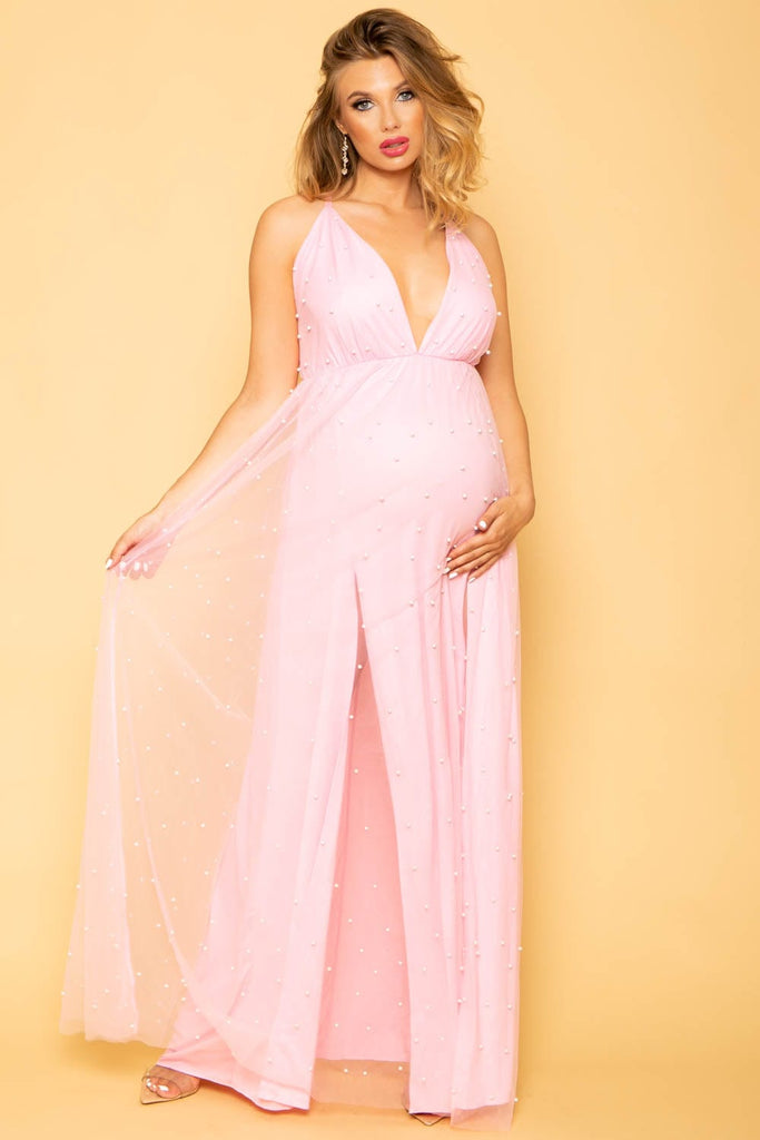 Symphony Dresses Maternity Pearl Mesh Gown - Pink