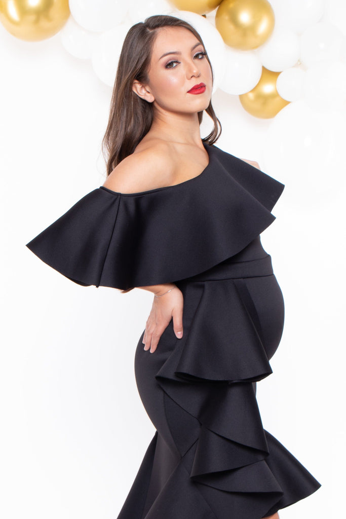 Va va Voom Dresses Maternity Penelope Ruffle Gown -Black