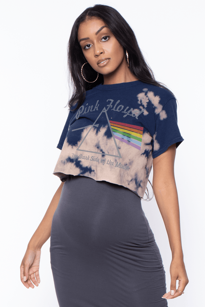 Bump Biddy Tops Small / Bleached Out Navy Maternity Pink Floyd Cropped  Graphic Tee- Bleached Out Navy