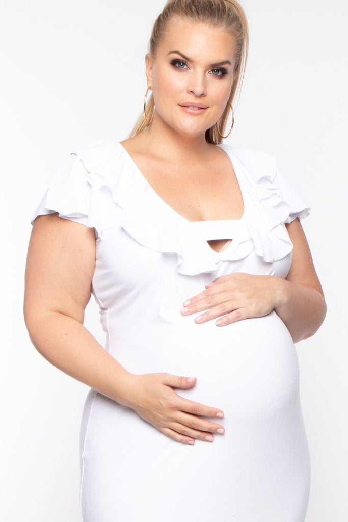 Maternity Plus Adriana Ruffled Dress - White - BUMP BIDDY