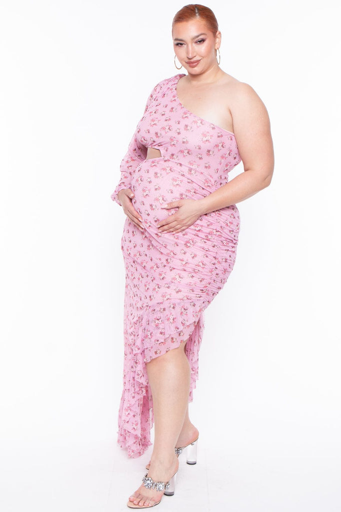 Bump Biddy Dresses Maternity Plus Blossom Floral Mesh one sleeve dress  - Pink