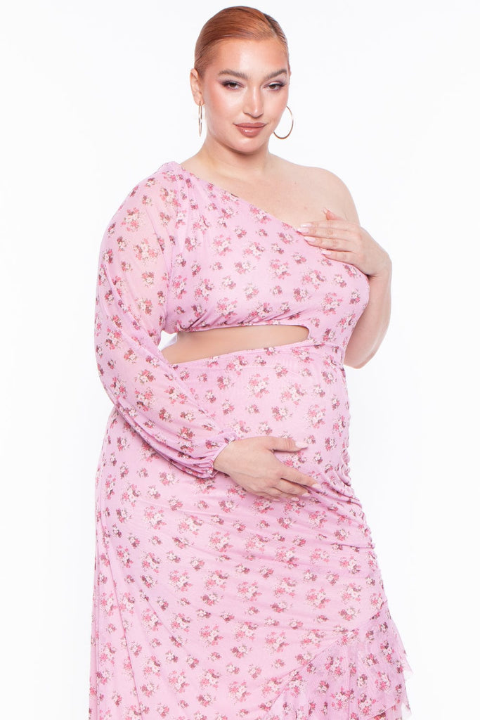 Bump Biddy Dresses Maternity Plus Blossom Floral Mesh one sleeve dress  - Pink