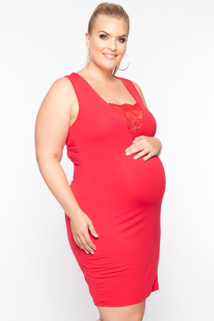 Maternity Plus Cerise Lace inset Dress - Red - BUMP BIDDY