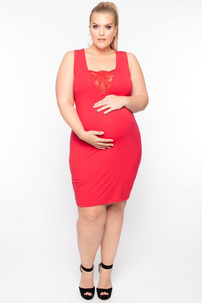 Maternity Plus Cerise Lace inset Dress - Red - BUMP BIDDY